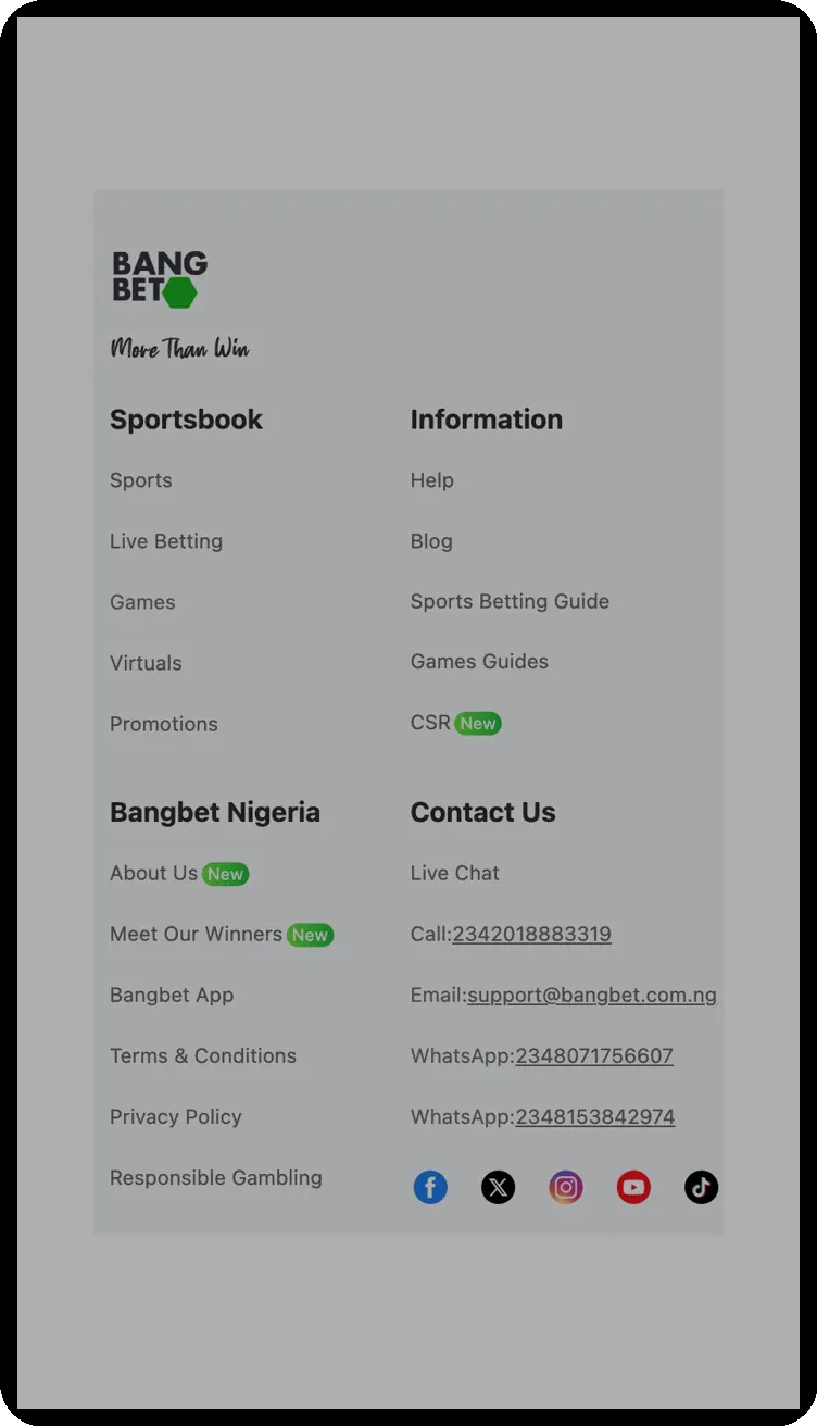 Mobile phone screen showing Bangbet support or FAQ section