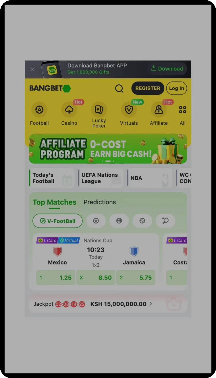 Bangbet Nigeria main interface on a mobile phone display